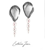 dessin boucles d'oreilles plaqué or en forme de gouttes et perles naturelles
